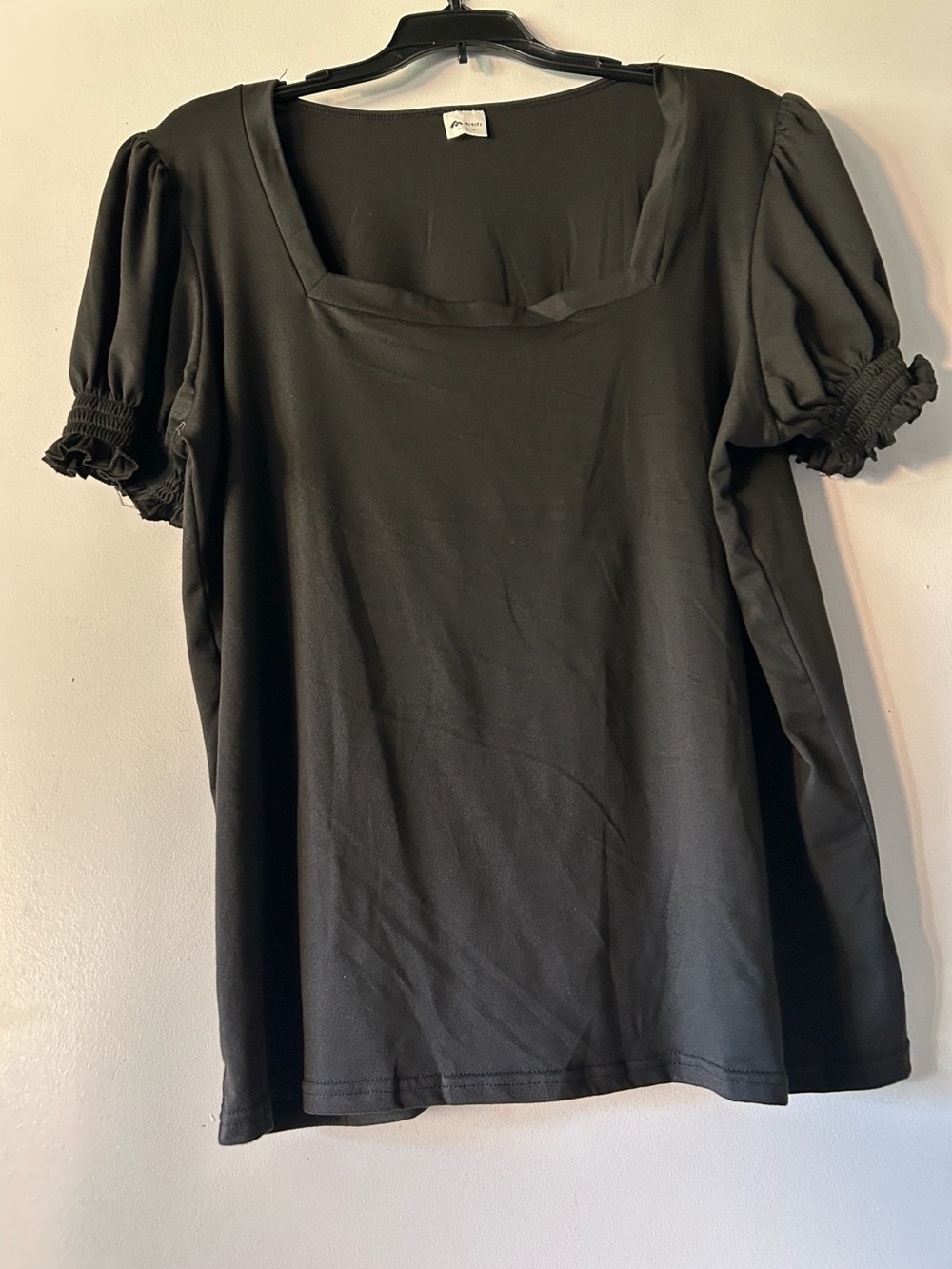 Classic Black Square Neck Shirred Sleeve Top